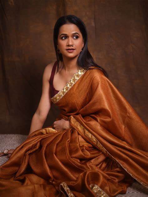 Brown Tussar Silk Saree With Lace - SRBTSSWL04 - Sayali Rajadhyaksha Sarees