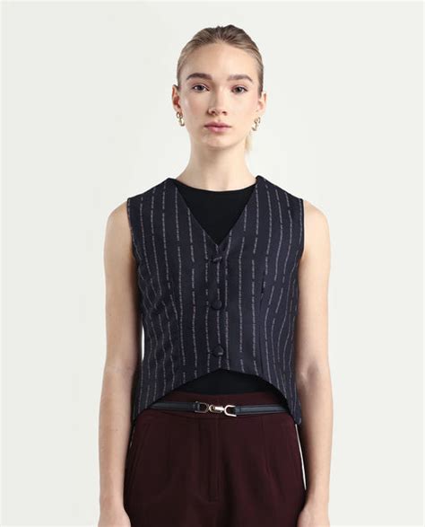 Rareism Women's Hicker Black Polyester V-Neck Striped Sleeveless Regul
