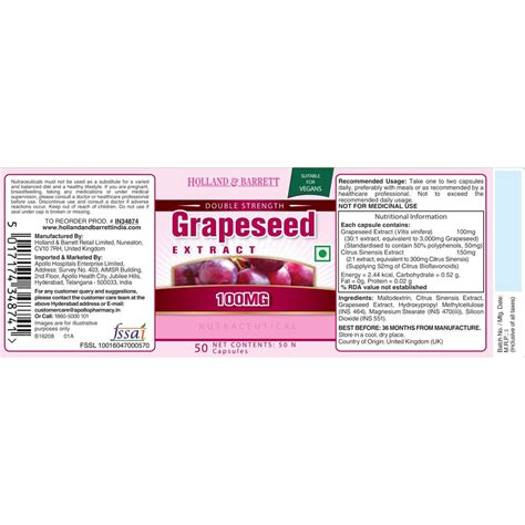 Holland & Barrett Double Strength Grapeseed Extract 100 mg, 50 Capsules ...