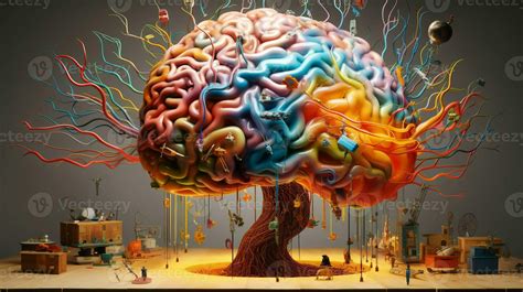 Vibrant brain creativity, colorful abstract ideas around the mind. Innovative thinking concept ...
