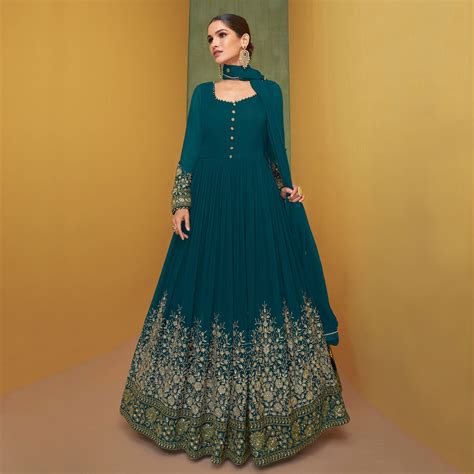 Aqua Blue Floral Embroidered Georgette Anarkali Suit