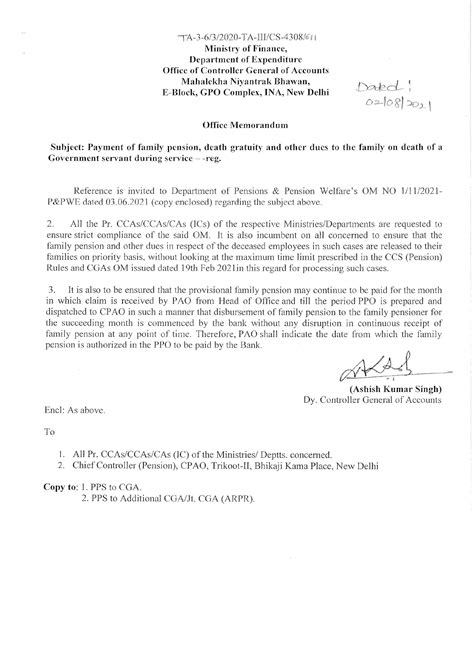 Payment of family pension, death gratuity and other dues to the family ...