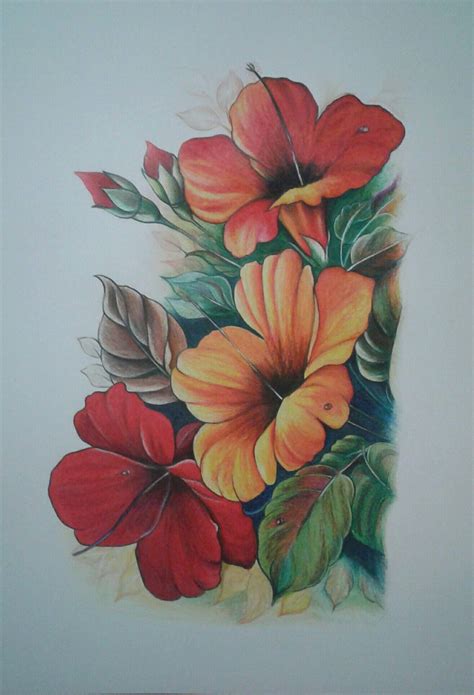 Colorful Drawing of Flowers with Colored Pencils and Watercolor Paints