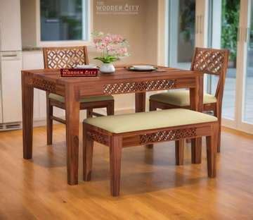 POJ Leo 6 Seater Dining Table Set with Glass Top Solid Wood 6 Seater ...