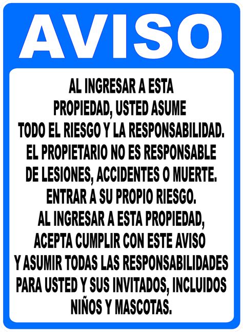 Spanish Notice By Entering Property You Assume Risk And Liability Sign ...
