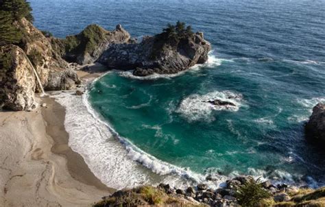 Wallpaper rock, the ocean, waterfall, Bay, California, Big Sur, McWay ...