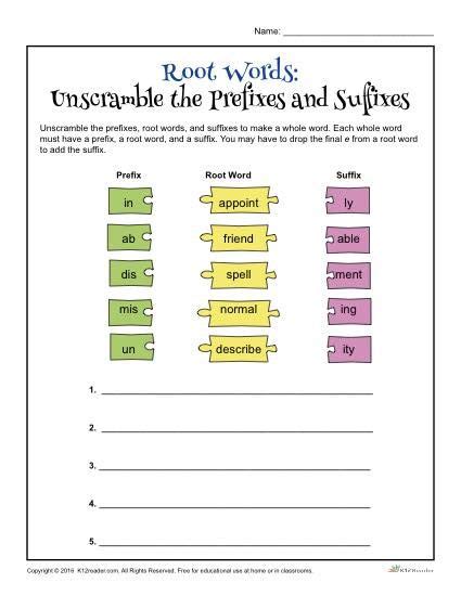 Root Words | Unscramble the Prefixes and Suffixes | Suffixes worksheets ...