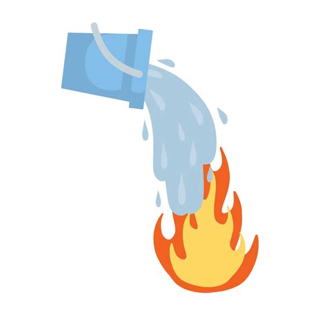 Bucket pours water on fire. Firefighting and spilling with spray. Flat ...