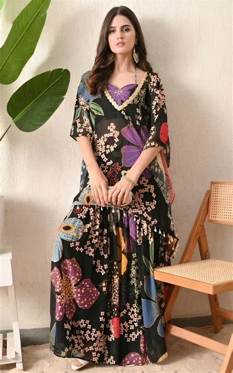 Black Floral Printed Crop Top Sharara Kaftan Set