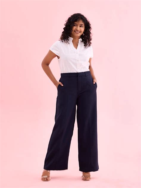 Women Solid Navy High Rise Crepe Wide Pant