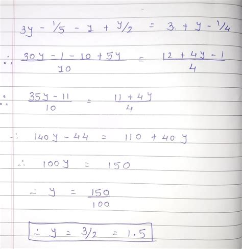 3y-1/5 - 1+y/2 = 3+y-1/4 - Brainly.in