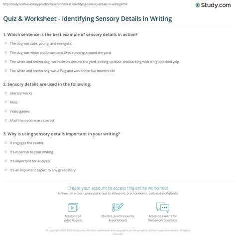 Quiz & Worksheet - Identifying Sensory Details in Writing | Study.com