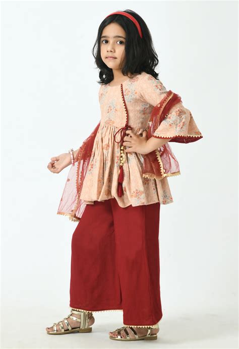 Girls Peach-Coloured Floral Printed Kurti with Palazzos & With Dupatta ...