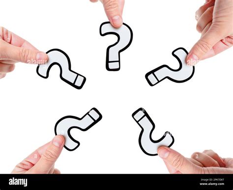 Circle of five hands, each holding a white question mark symbol ...