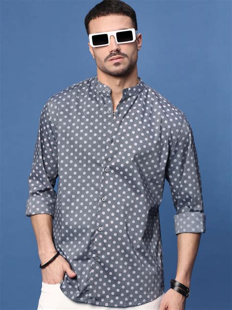 SHOWOFFFF Men's Grey Polka Dots Slim Fit Shirt