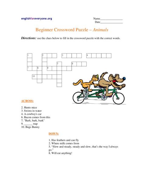 Beginning Crossword Puzzle - Animals Worksheet for 2nd - 3rd Grade ...