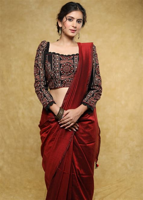 Stylist black Cotton Ajrakh blouse with gathered sleeves and lace deta ...