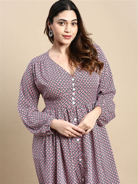 Shop Women's Pink Geometric Printed Puff Sleeve Gathered Fit & Flare ...