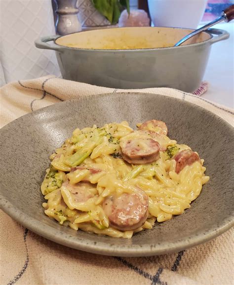 Chicken Sausage Cheesy Orzo Pasta - She's Got The Cooks