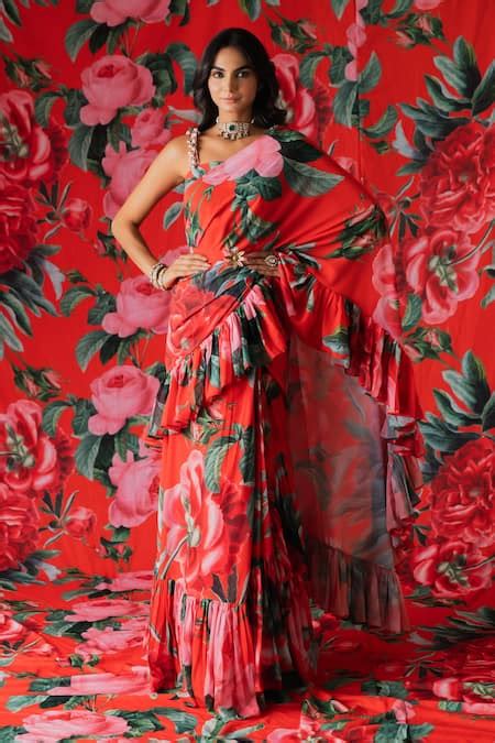 Buy Red Georgette Beads Square Florence Print Pre-draped Ruffle Saree ...