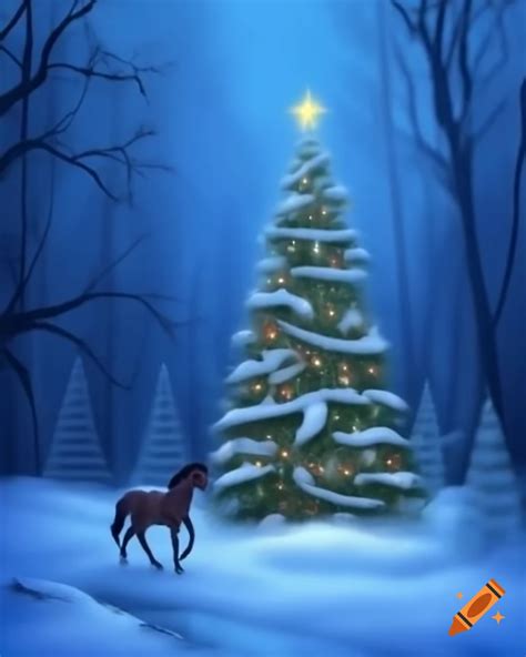 Enchanting Christmas tree in snowy forest with mountains at night and ...