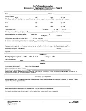 Ray’s Trash Service Employment Application - Blank Fillable Template ...