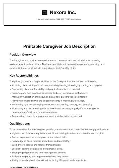 Free Printable Caregiver Job Description Template to Edit Online