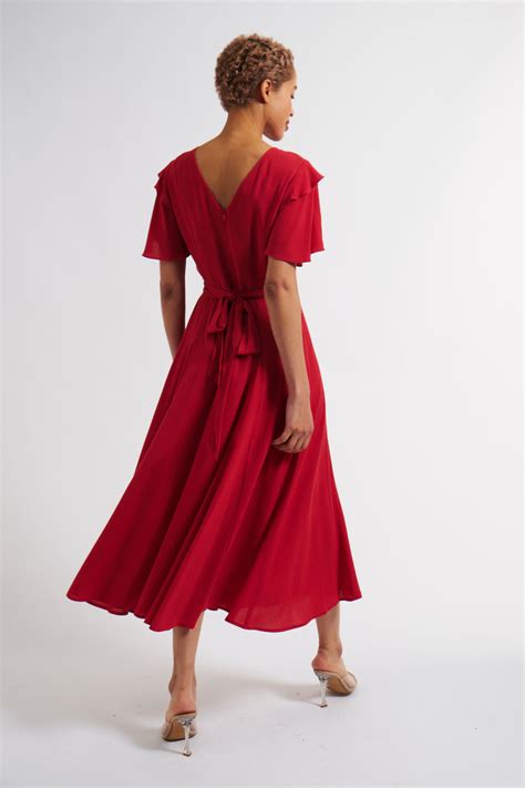 Katleen Crepe Flutter Sleeve Midi Dress - Red - Louche