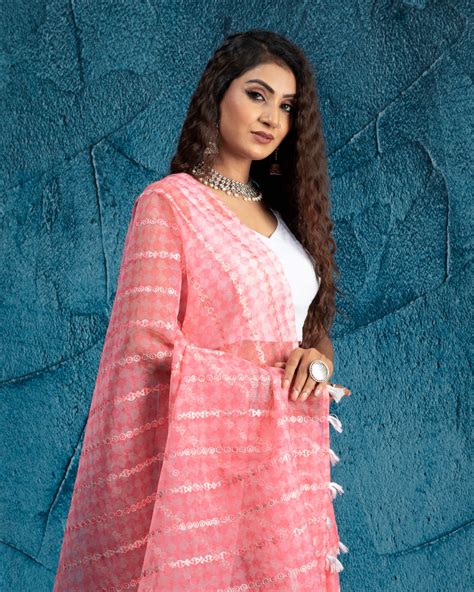 Taffy Pink And Off White Geometric Pattern Geometric Zari Sequins Embr ...