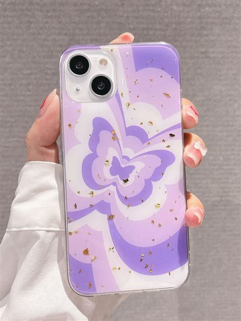 Purple Butterfly Print Phone Case with Gold Flakes