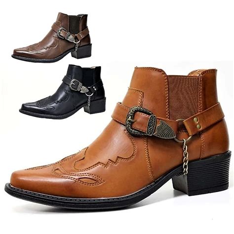 Men's Black Faux Leather Western Motorcycle Boots with Buckle Strap and ...