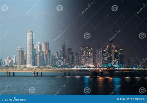 Panama City Skyline at Night and Day - Cityscape Panorama Stock Image ...