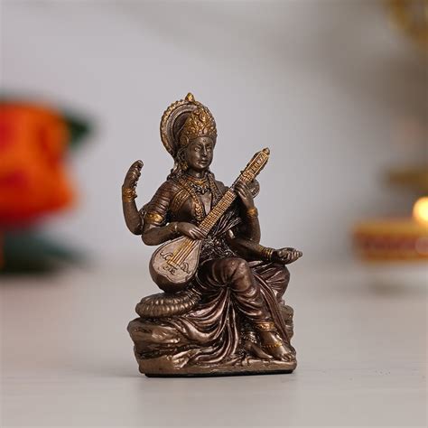 Goddess Saraswati Playing Veena Cold Cast Bronze Resin Decorative Figu ...