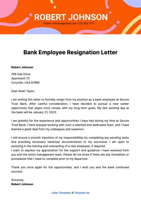 Free Bank Employee Resignation Letter Template to Edit Online - employees of bank