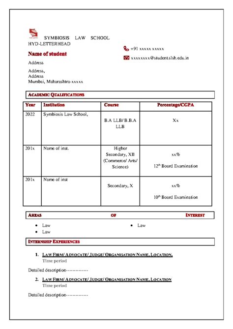 CV Format (As per Placement Policy) - SYMBIOSIS LAW SCHOOL HYD ...
