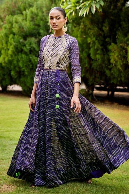 Buy Purple Flat Chiffon Printed Floral Motifs Band Tiered Anarkali Set ...