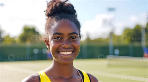 AI generated Smiling black female tennis player on the field ...