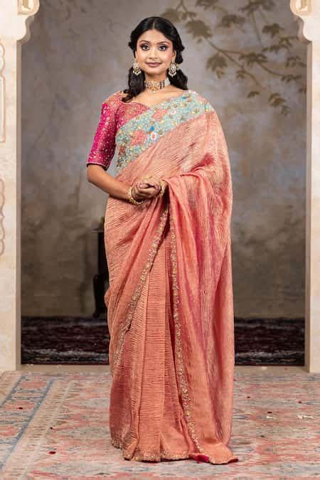 Buy Peach Crushed Tissue Embellished Sequin Textured Zardozi ...
