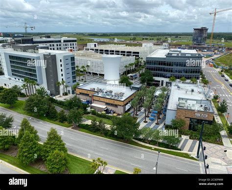 Orlando, FL/USA-6/3/20: An aerial photo of Lake Nona's Town Center with ...