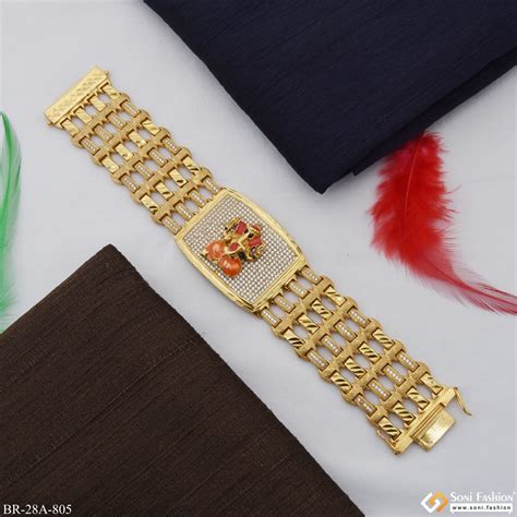 4 line ganesha with diomonds in rectangle gold plated bracelet - style ...