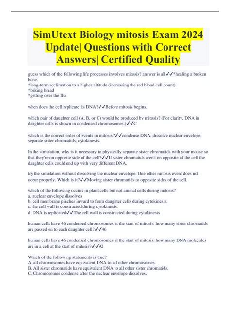 SimUtext Biology mitosis Exam 2024 Update| Questions with Correct ...