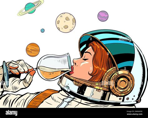 Astronaut woman drinks a glass of wine. Alcoholic party, new year ...