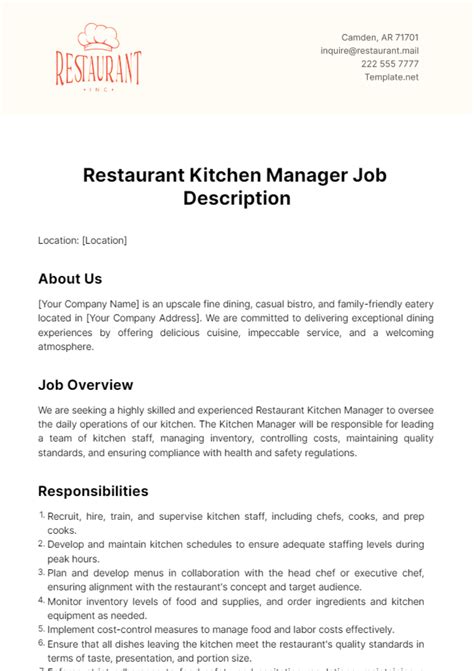 Free Restaurant Kitchen Manager Job Description Template to Edit Online