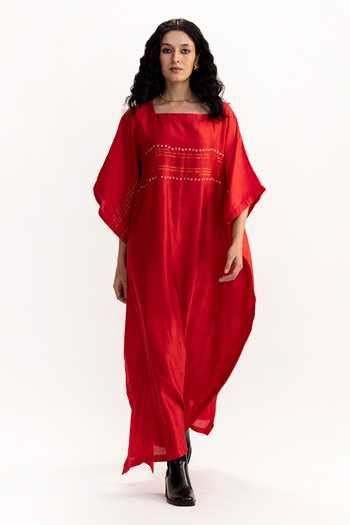 Buy Red Handwoven Bengal Silk Bandhani, Jamdani Square Neck Panorama ...