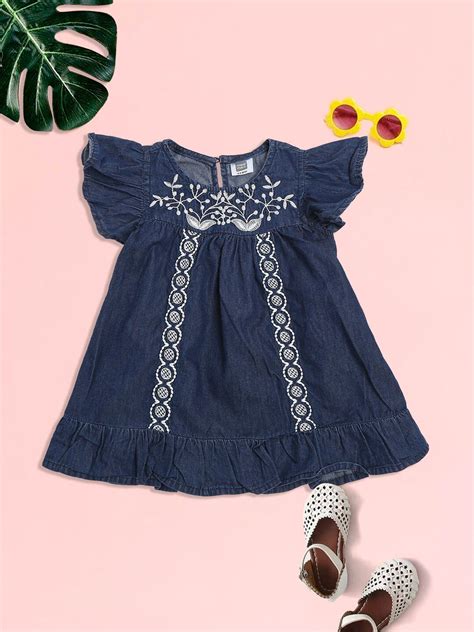 MeeMee Girls Blue Floral Embroidered A-Line Cotton Dress