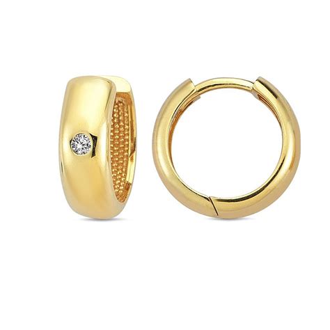 14k Yellow Gold 4mm Single Cubic Zirconia Huggies Earring 12mm| Sarraf.com