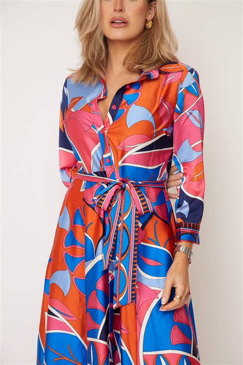 Angela Blue & Pink Abstract Shirt Maxi Dress