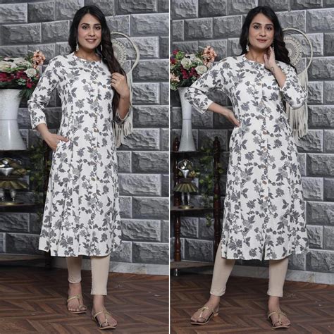 White Grey Floral Printed Cotton Kurti