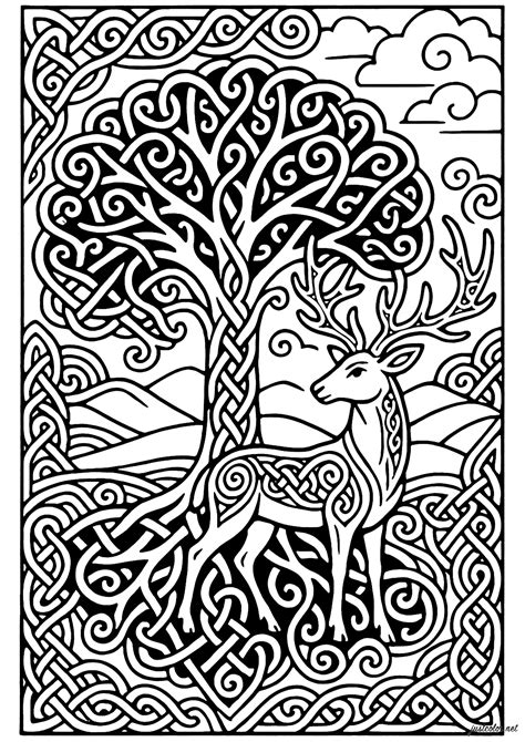 Celtic Tree of Life and Sacred Stag - Celtic Art Coloring Pages