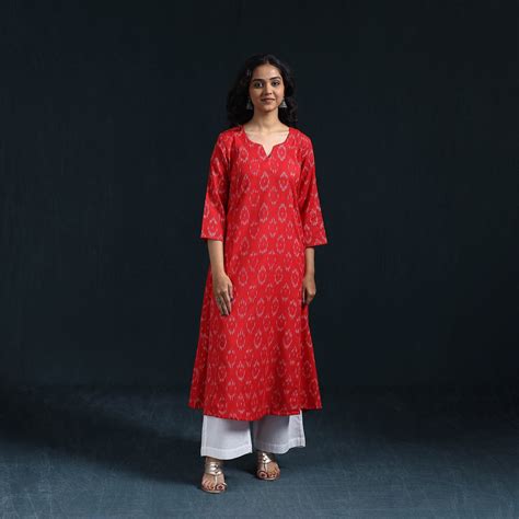 Red Cotton A-Line Pochampally Ikat Kurta for women